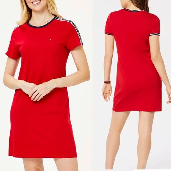 Tommy Hilfiger Sporty Cotton Red Navy Logo Graphic Mini T-Shirt Dress, Medium - Picture 1 of 7
